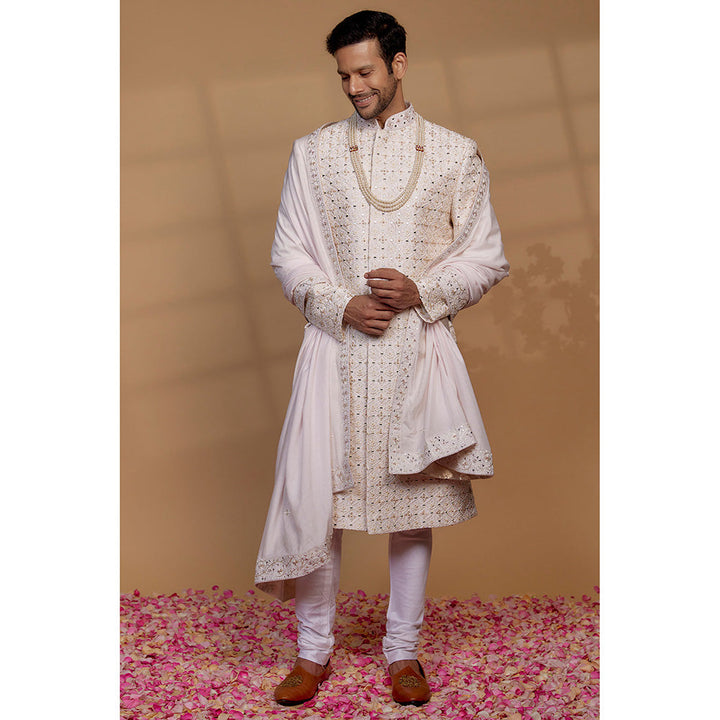 RIYAASAT Alabaster White Raw Silk Embellished Sherwani with Churidar and Shawl (Set of 3)