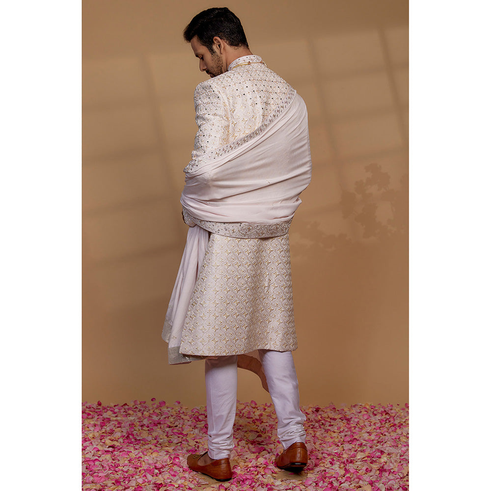 RIYAASAT Alabaster White Raw Silk Embellished Sherwani with Churidar and Shawl (Set of 3)