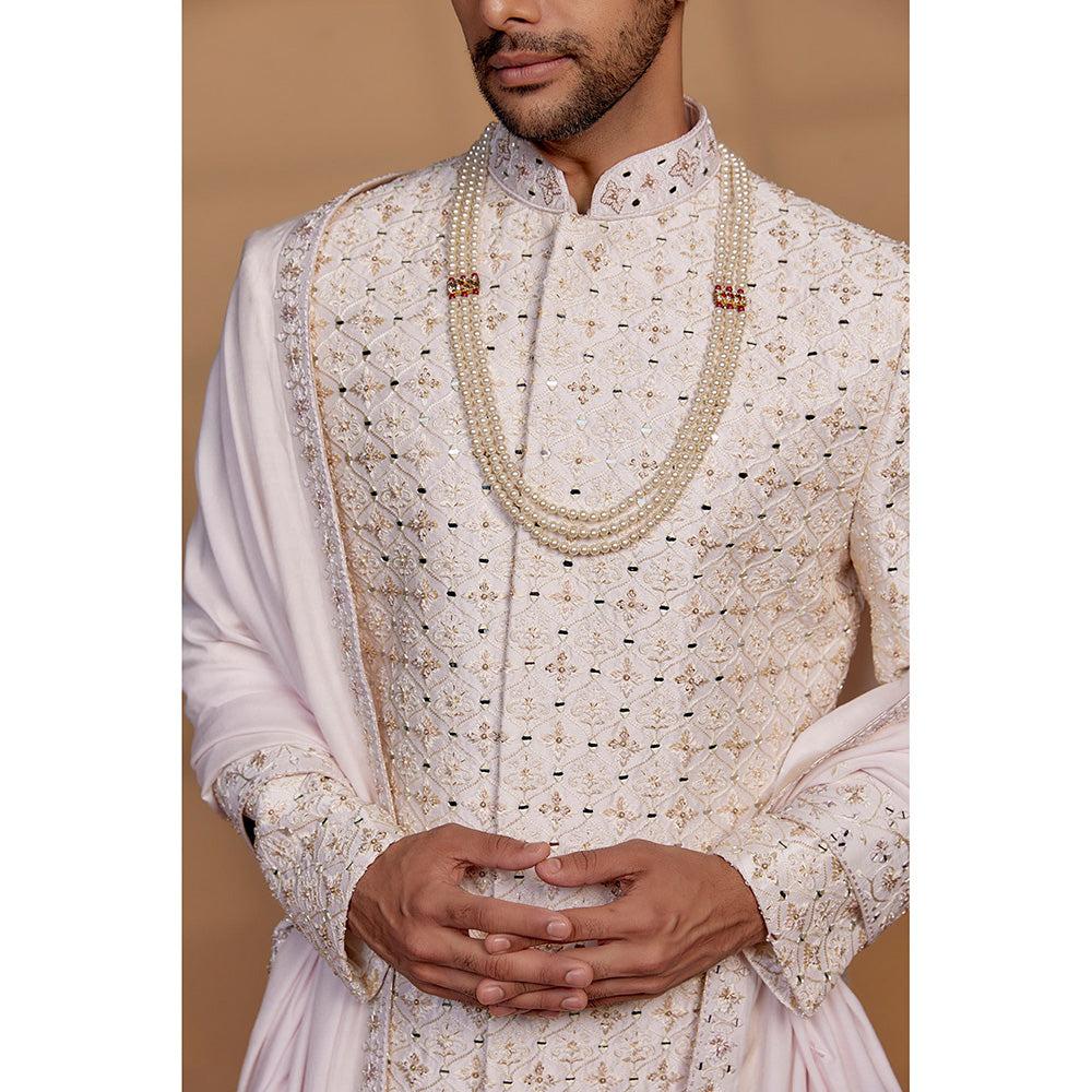 RIYAASAT Alabaster White Raw Silk Embellished Sherwani with Churidar and Shawl (Set of 3)