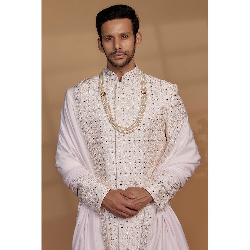 RIYAASAT Alabaster White Raw Silk Embellished Sherwani with Churidar and Shawl (Set of 3)