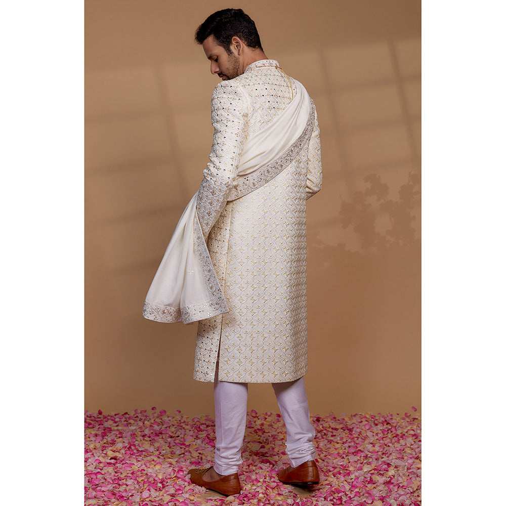 RIYAASAT Ivory Raw Silk Sequin Embellished Sherwani with Churidar and Shawl (Set of 3)