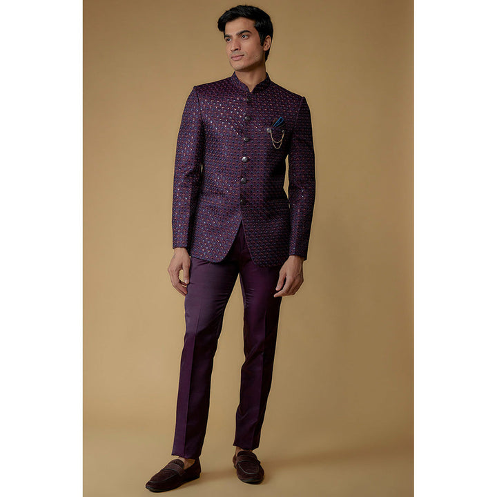 RIYAASAT Grape Purple Silk Thread Embroidered Bandhgala with Pant (Set of 2)