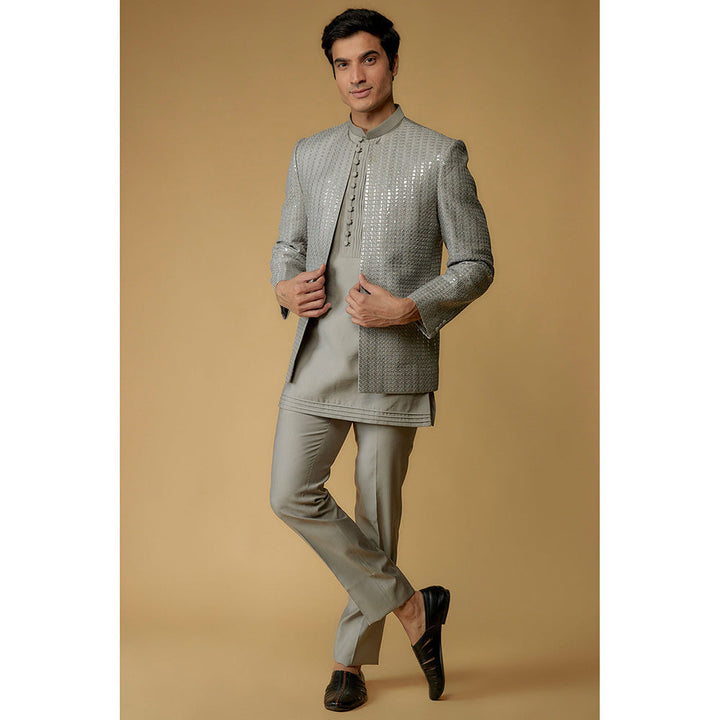 RIYAASAT Fog Grey Silk Sequins Work Jodhpuri Kurta with Pant and Jacket (Set of 3)