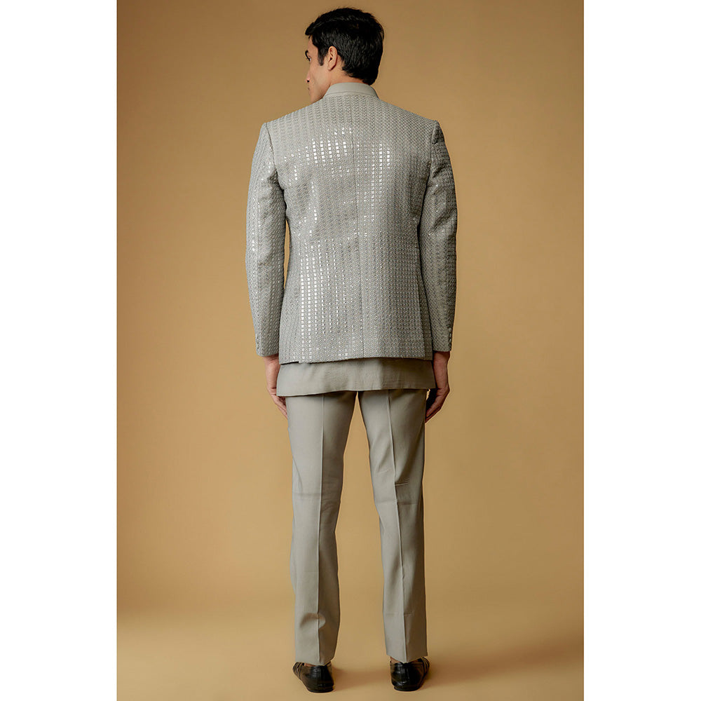 RIYAASAT Fog Grey Silk Sequins Work Jodhpuri Kurta with Pant and Jacket (Set of 3)