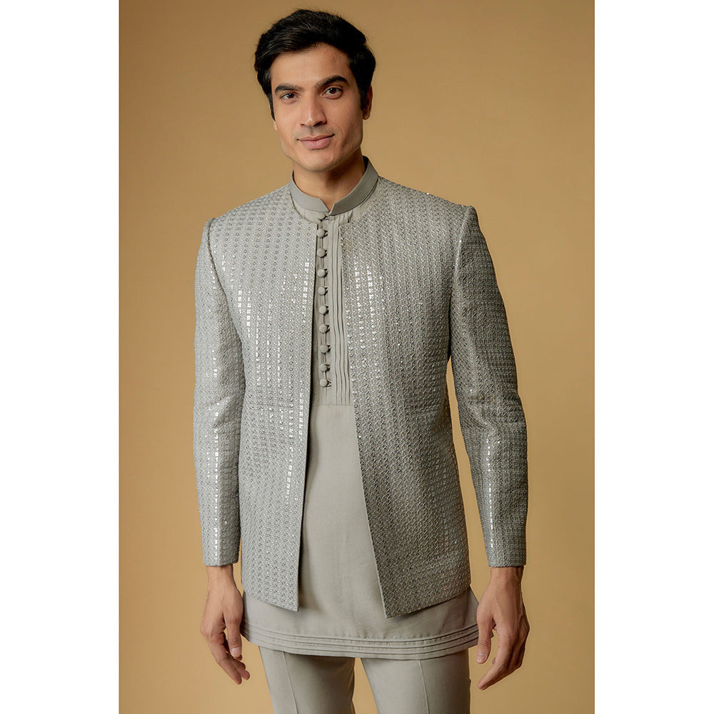 RIYAASAT Fog Grey Silk Sequins Work Jodhpuri Kurta with Pant and Jacket (Set of 3)