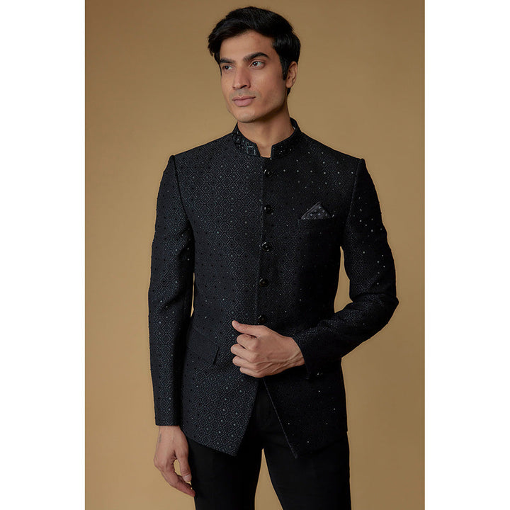 RIYAASAT Onyx Black Imported Jacquard Cut Dana Embroidered Bandhgala with Pant (Set of 2)