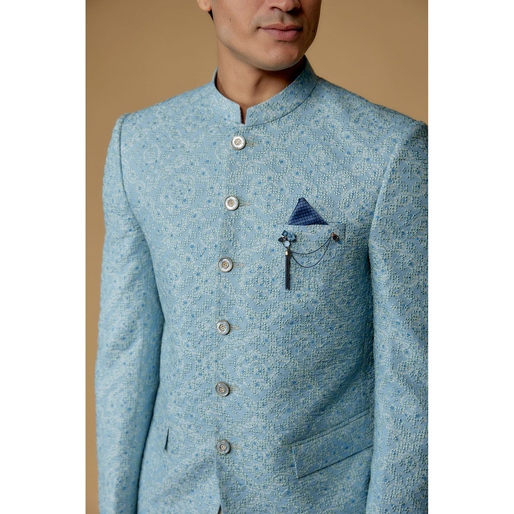 RIYAASAT Eccentric Blue Silk Printed Jodhpuri Bandhgala with Pant (Set of 2)