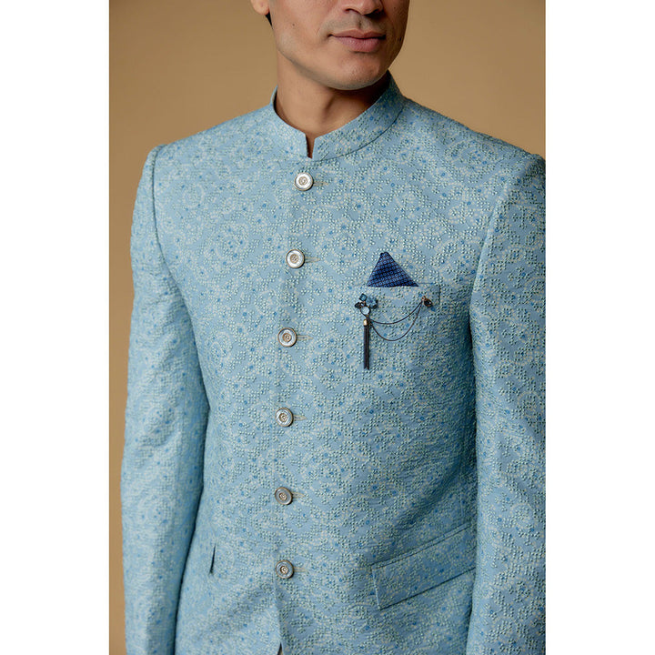 RIYAASAT Eccentric Blue Silk Printed Jodhpuri Bandhgala with Pant (Set of 2)