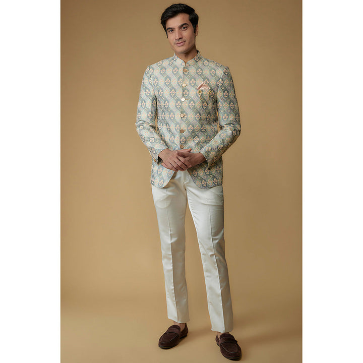 RIYAASAT Sky Blue Silk Printed Jodhpuri Bandhgala with Pant (Set of 2)