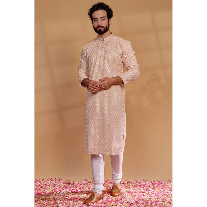 RIYAASAT Peach Beige Lucknowi Georgette Embroidered Kurta with Churidar (Set of 2)