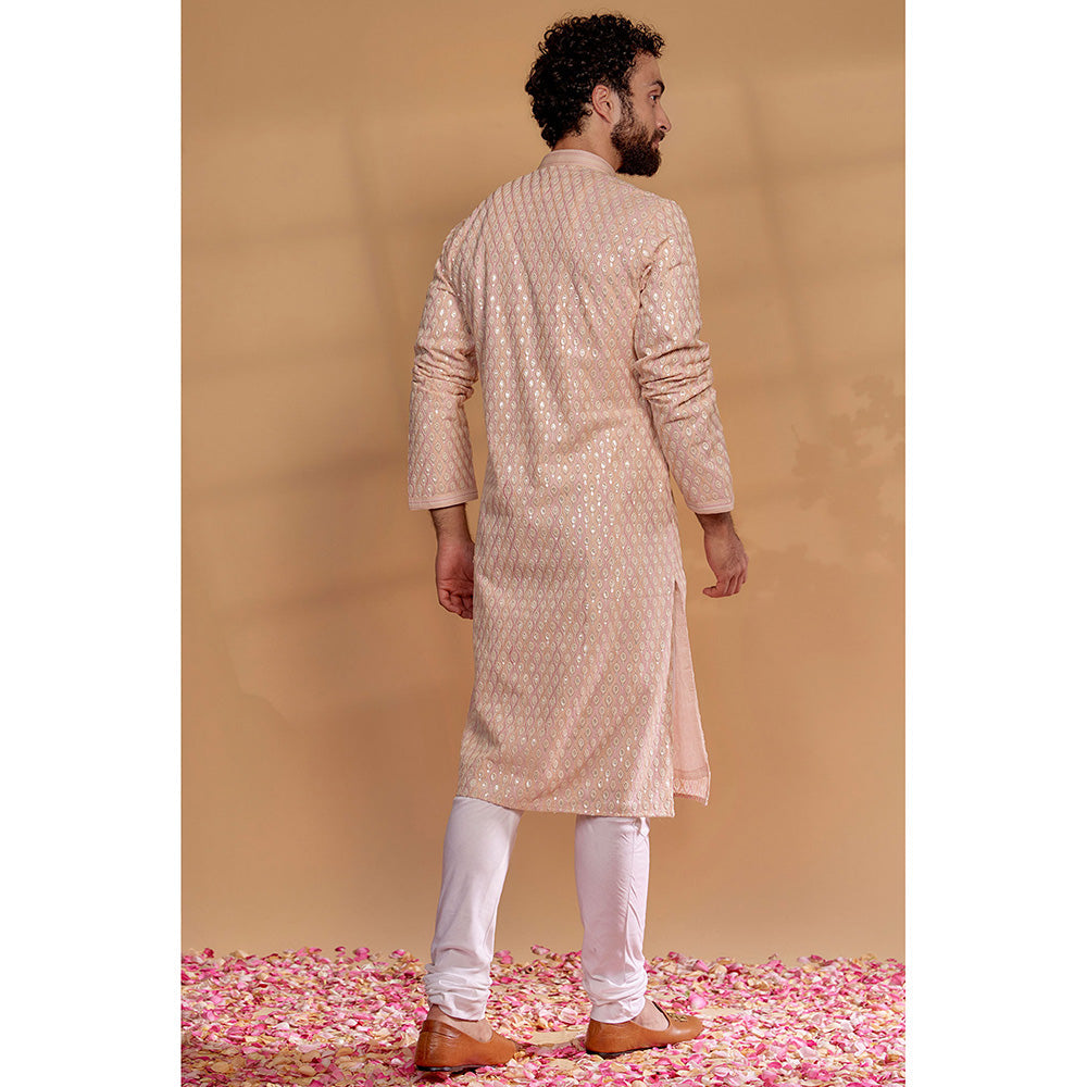 RIYAASAT Peach Beige Lucknowi Georgette Embroidered Kurta with Churidar (Set of 2)