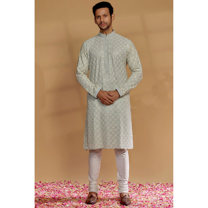 RIYAASAT Pastel Blue Lucknowi Georgette Kurta with Churidar (Set of 2)