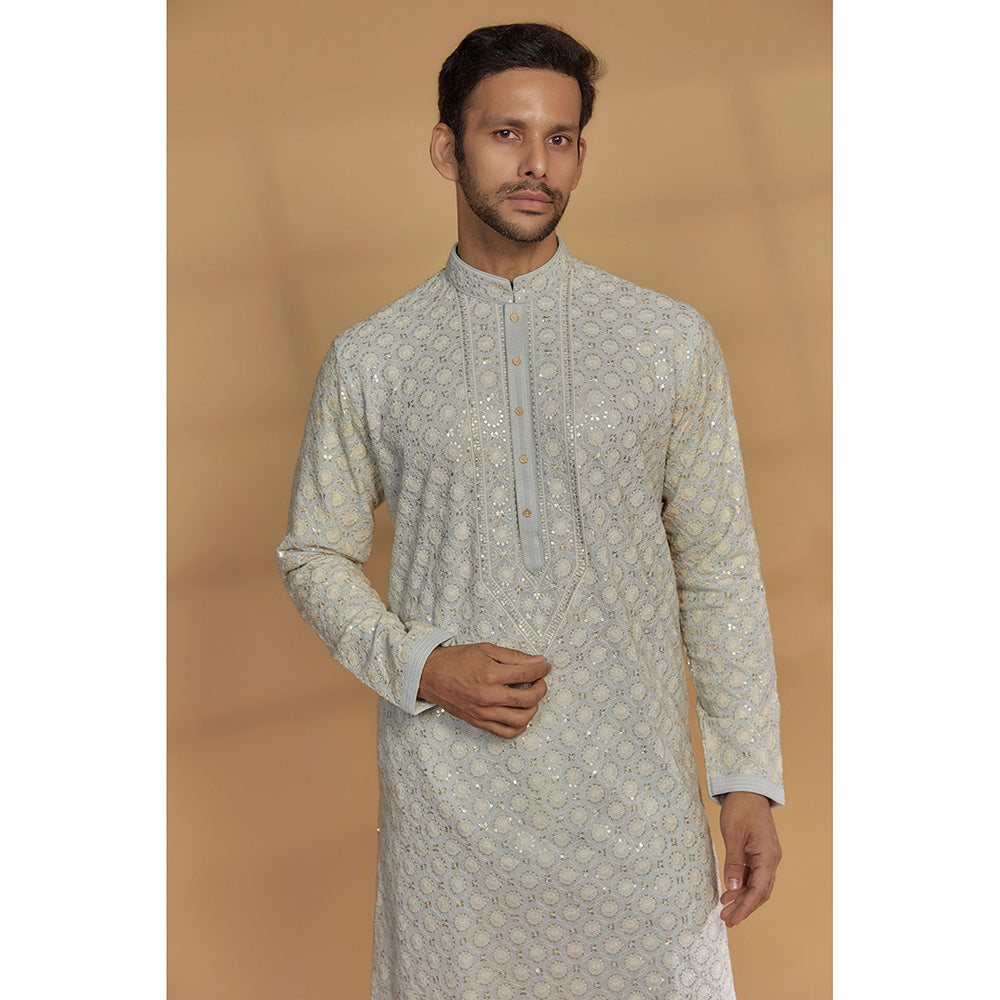 RIYAASAT Pastel Blue Lucknowi Georgette Kurta with Churidar (Set of 2)