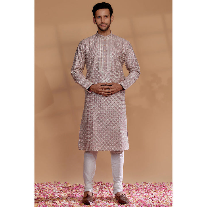 RIYAASAT Rose Gold Silk Hand Embroidered Kurta with Churidar (Set of 2)