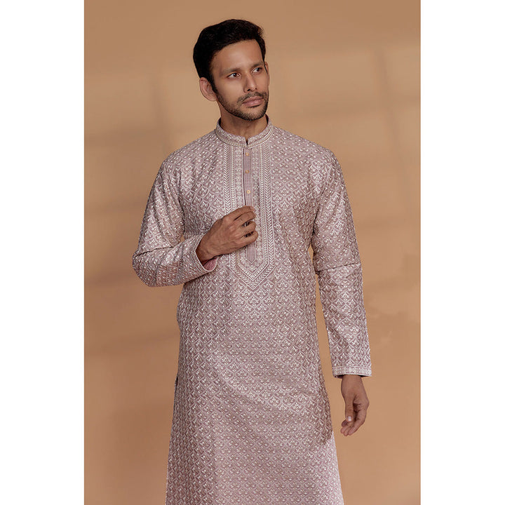 RIYAASAT Rose Gold Silk Hand Embroidered Kurta with Churidar (Set of 2)