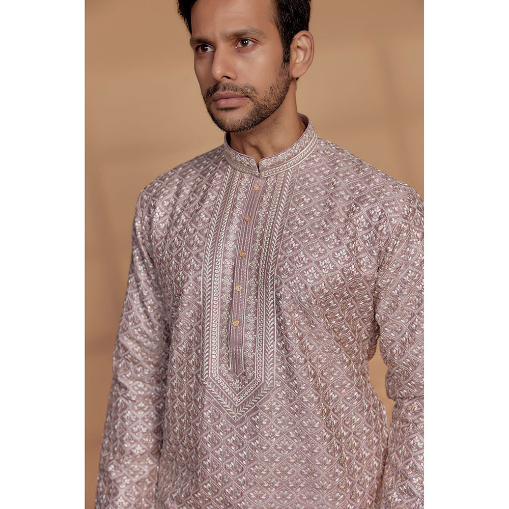 RIYAASAT Rose Gold Silk Hand Embroidered Kurta with Churidar (Set of 2)