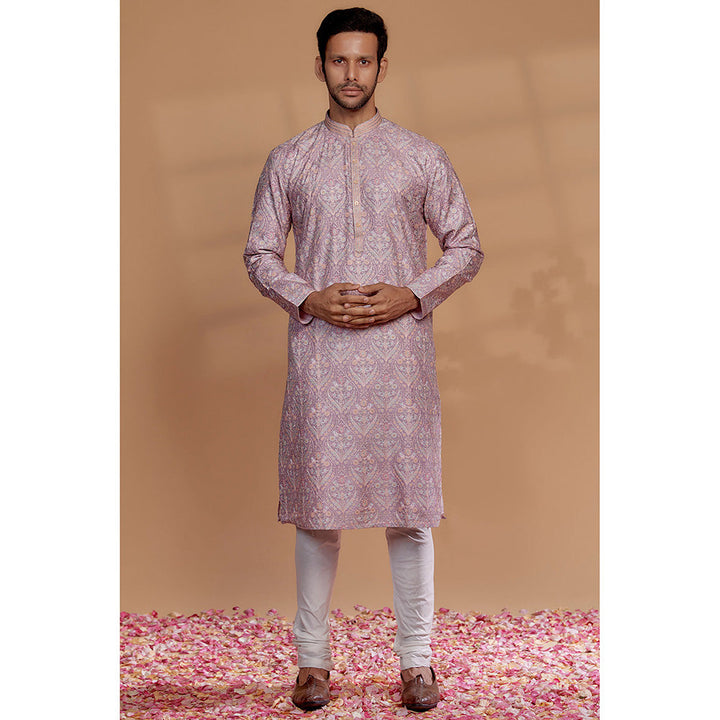 RIYAASAT Light Mauve Banarasi Silk Thread Embroidered Kurta with Churidar (Set of 2)