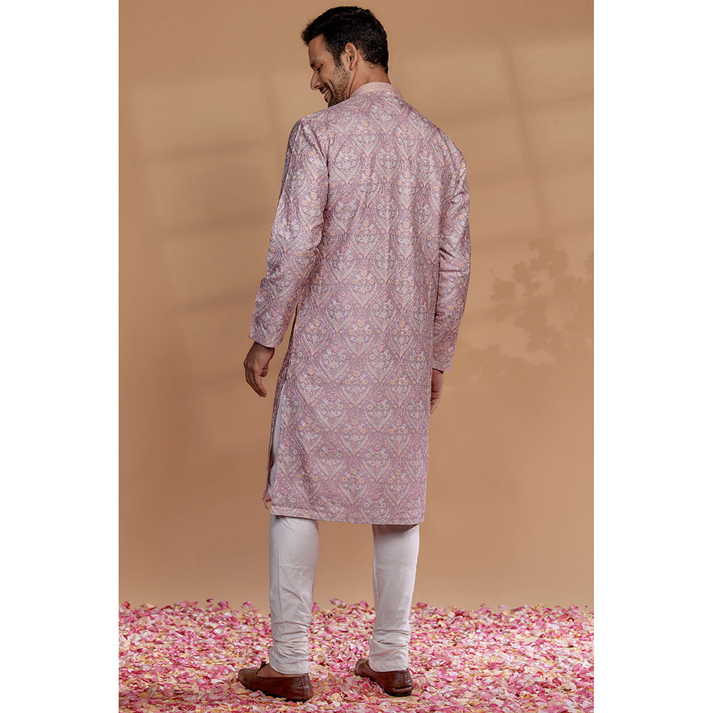 RIYAASAT Light Mauve Banarasi Silk Thread Embroidered Kurta with Churidar (Set of 2)