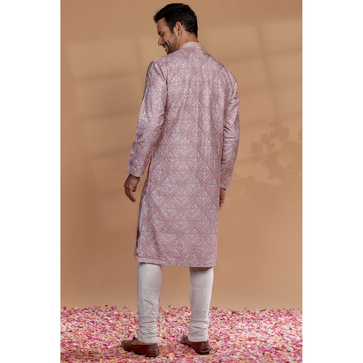 RIYAASAT Light Mauve Banarasi Silk Thread Embroidered Kurta with Churidar (Set of 2)