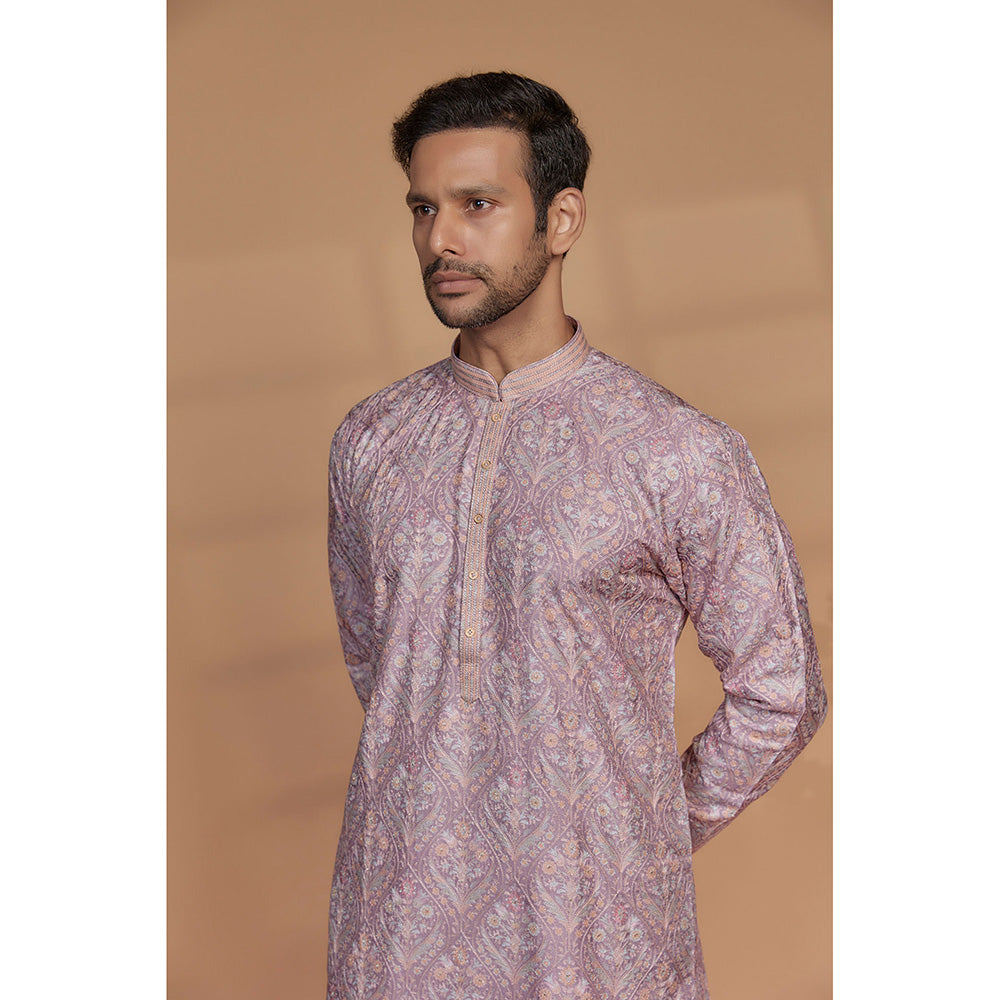 RIYAASAT Light Mauve Banarasi Silk Thread Embroidered Kurta with Churidar (Set of 2)