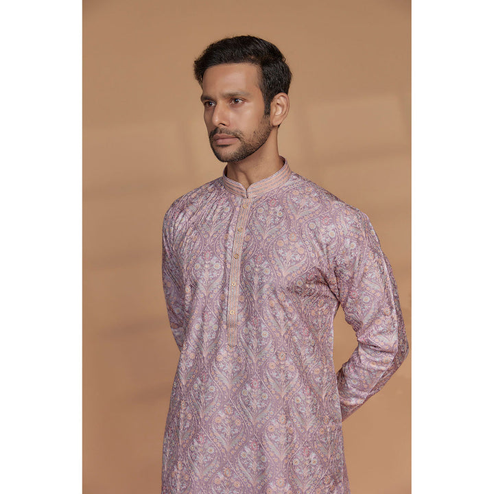 RIYAASAT Light Mauve Banarasi Silk Thread Embroidered Kurta with Churidar (Set of 2)