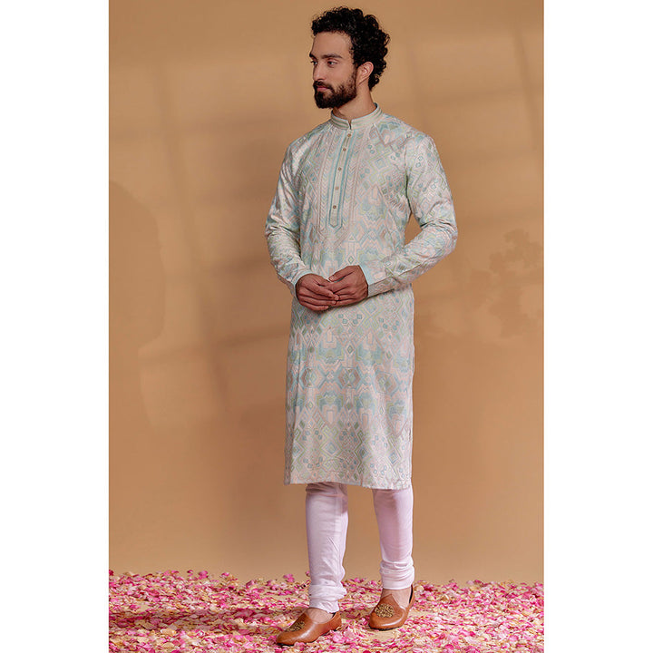 RIYAASAT Green Banarasi Silk Embroidered Kurta with Churidar (Set of 2)