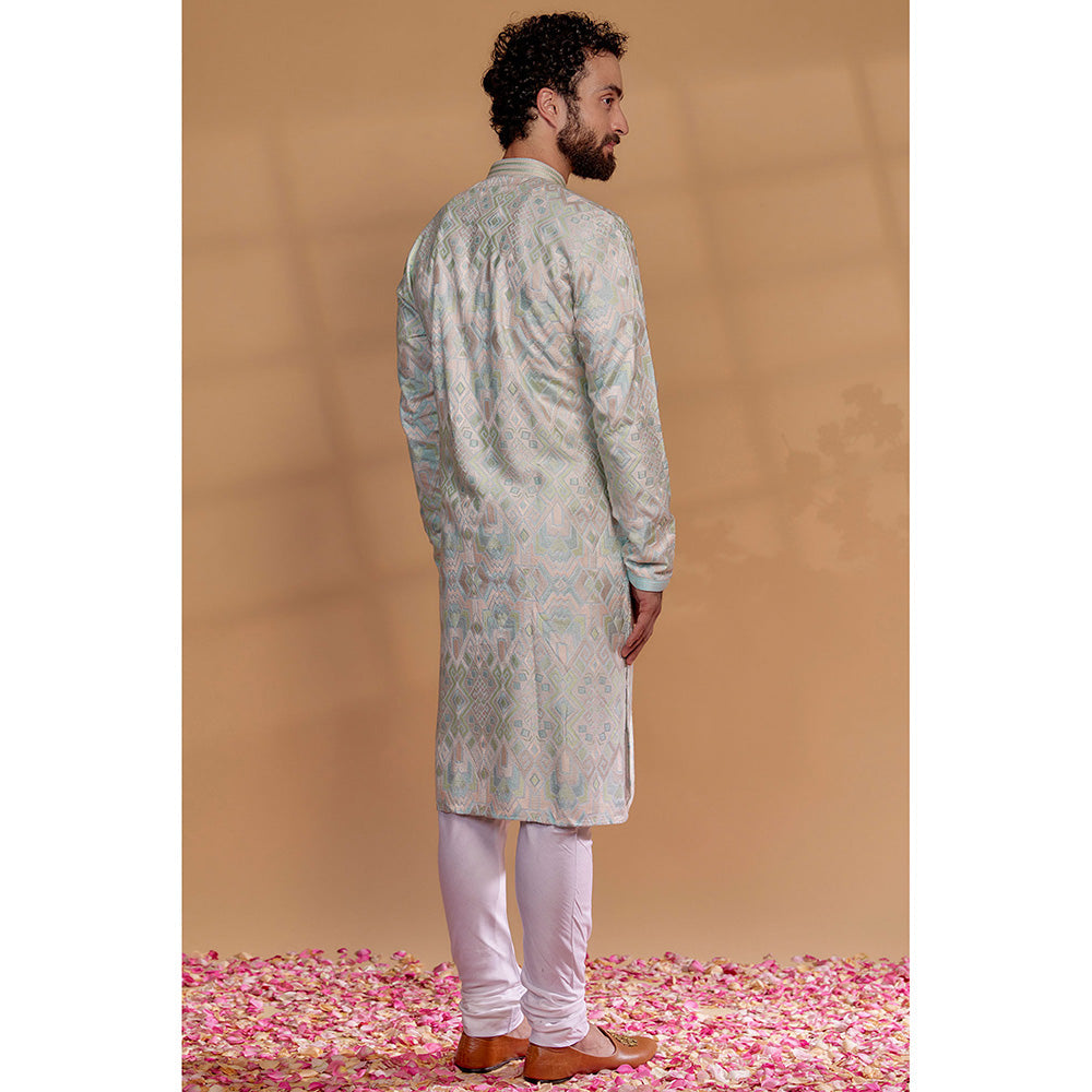 RIYAASAT Green Banarasi Silk Embroidered Kurta with Churidar (Set of 2)