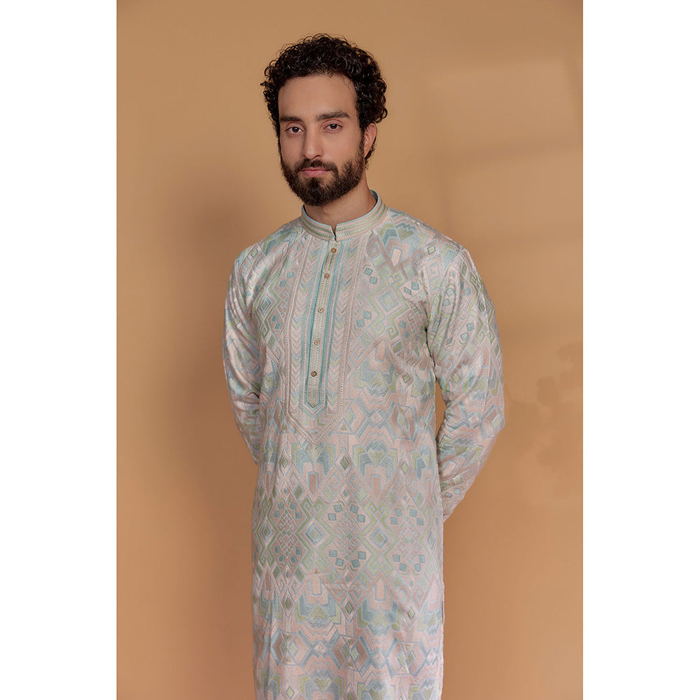 RIYAASAT Green Banarasi Silk Embroidered Kurta with Churidar (Set of 2)