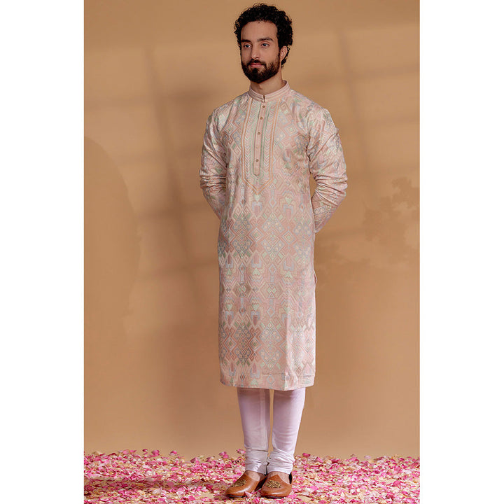 RIYAASAT Peach Banarasi Silk Embroidered Kurta with Churidar (Set of 2)