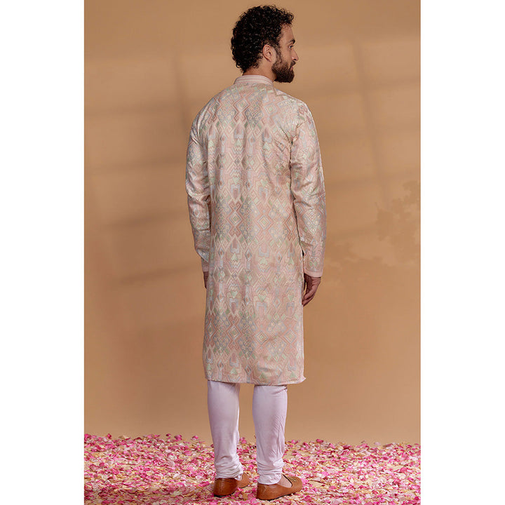 RIYAASAT Peach Banarasi Silk Embroidered Kurta with Churidar (Set of 2)