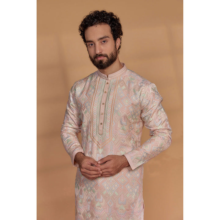 RIYAASAT Peach Banarasi Silk Embroidered Kurta with Churidar (Set of 2)