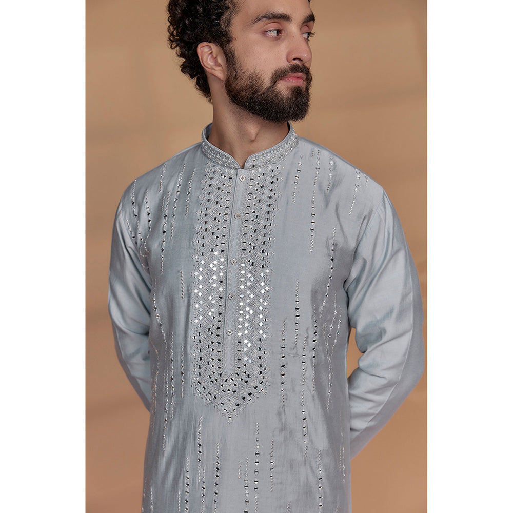 RIYAASAT Silver Grey Banarasi Silk Mirror Embellished Kurta with Churidar (Set of 2)