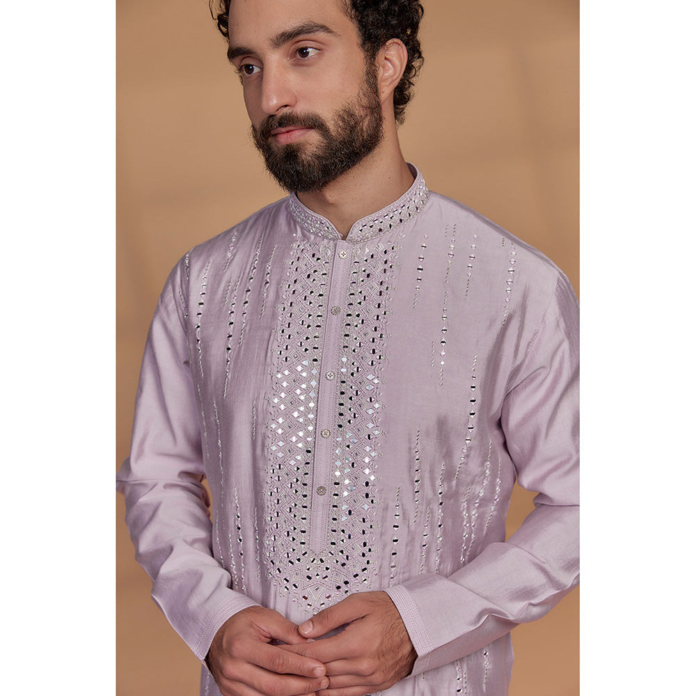 RIYAASAT Lilac Banarasi Silk Mirror Embellished Kurta with Churidar (Set of 2)