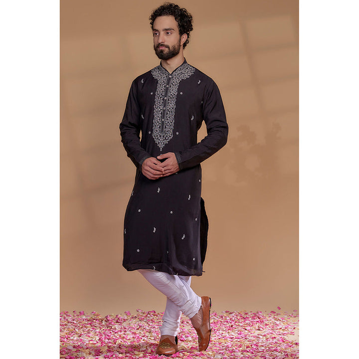 RIYAASAT Onyx Black Art Silk Thread Embroidered Kurta with Churidar (Set of 2)