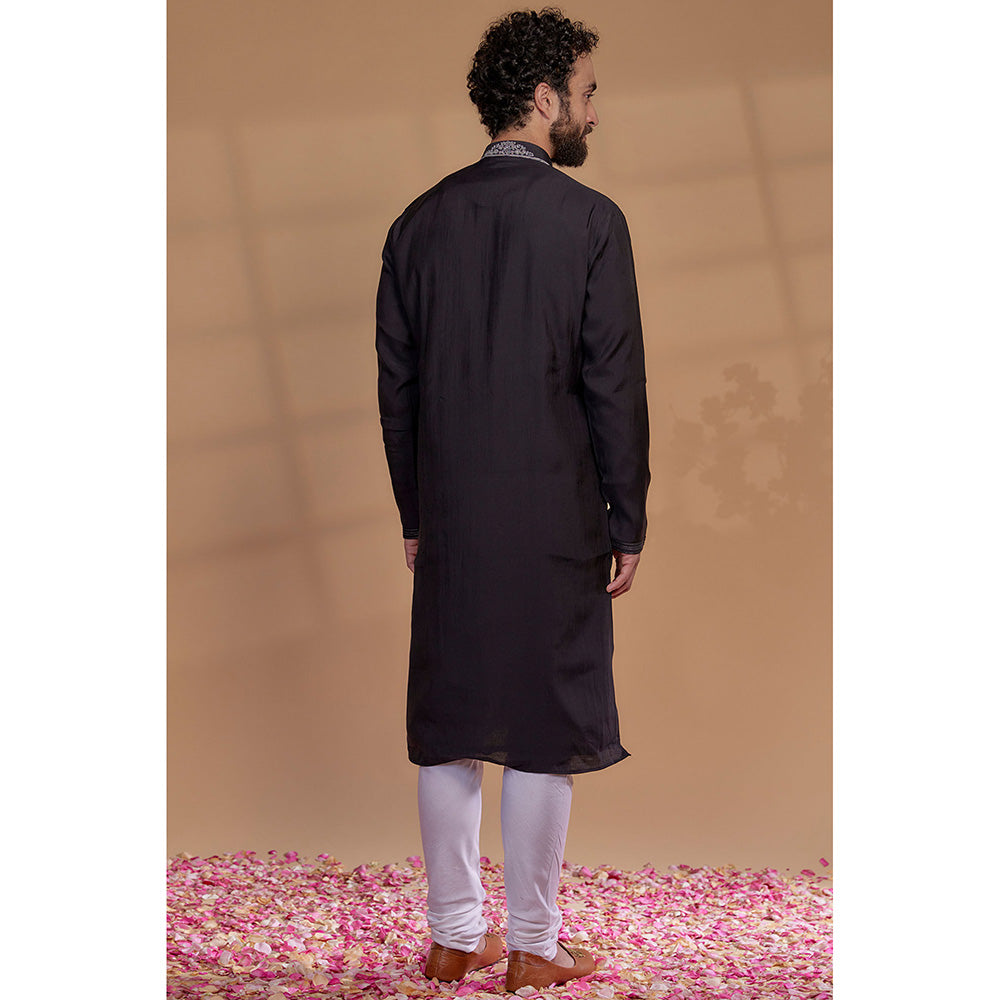 RIYAASAT Onyx Black Art Silk Thread Embroidered Kurta with Churidar (Set of 2)