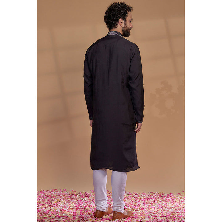 RIYAASAT Onyx Black Art Silk Thread Embroidered Kurta with Churidar (Set of 2)