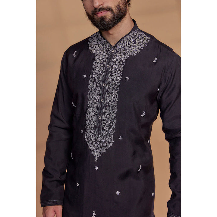 RIYAASAT Onyx Black Art Silk Thread Embroidered Kurta with Churidar (Set of 2)