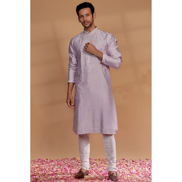 RIYAASAT Light Orchid Banarasi Silk Embroidered Kurta with Churidar (Set of 2)