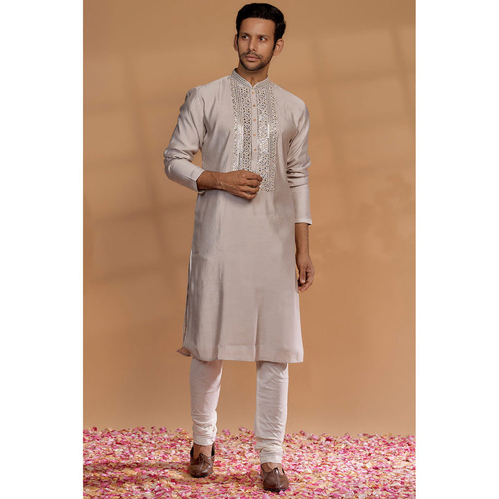 RIYAASAT Coconut White Banarasi Silk Mirror Embellished Kurta with Churidar (Set of 2)