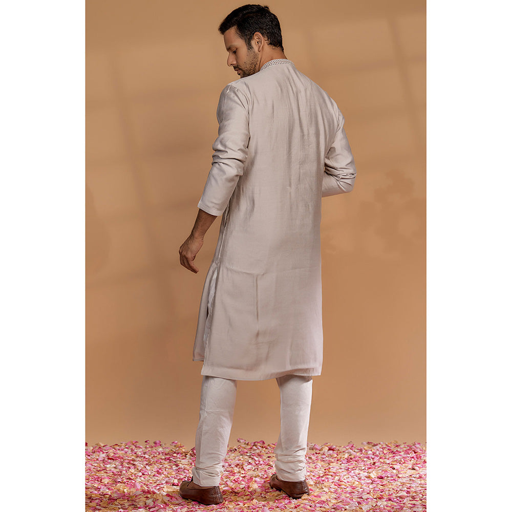 RIYAASAT Coconut White Banarasi Silk Mirror Embellished Kurta with Churidar (Set of 2)