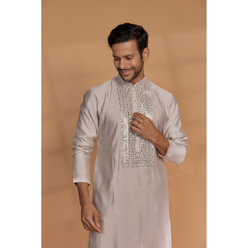 RIYAASAT Coconut White Banarasi Silk Mirror Embellished Kurta with Churidar (Set of 2)