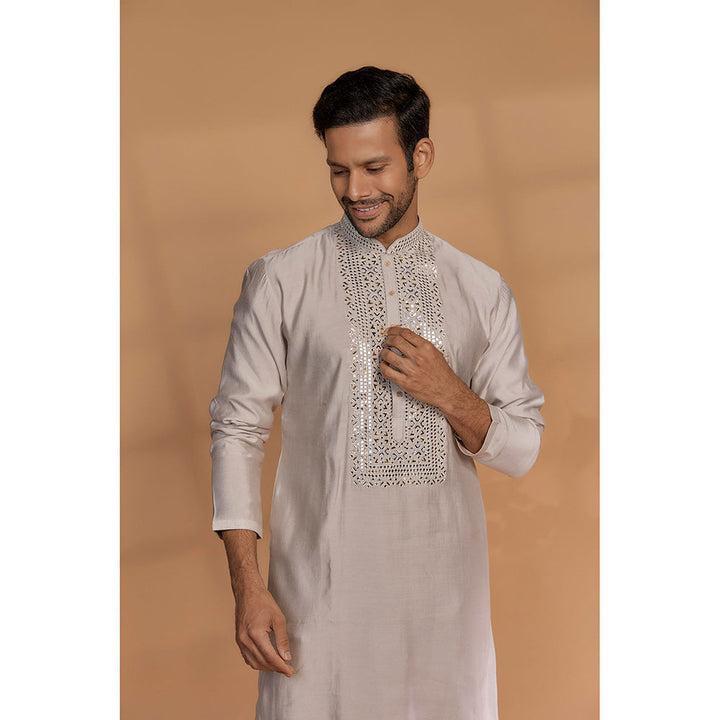 RIYAASAT Coconut White Banarasi Silk Mirror Embellished Kurta with Churidar (Set of 2)