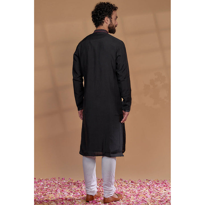 RIYAASAT Black Silk Mirror Embroidered Kurta with Churidar (Set of 2)