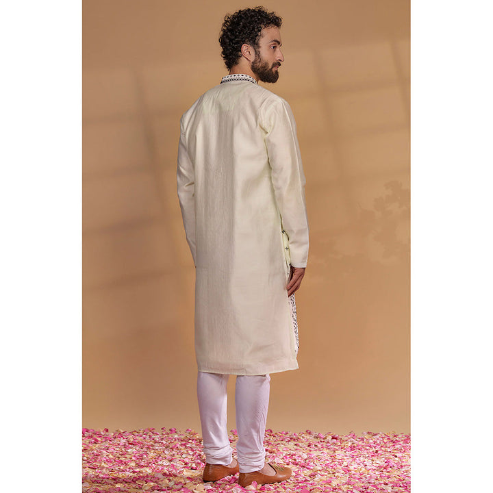 RIYAASAT Pearl Off White Silk Mirror Embroidered Kurta with Churidar (Set of 2)