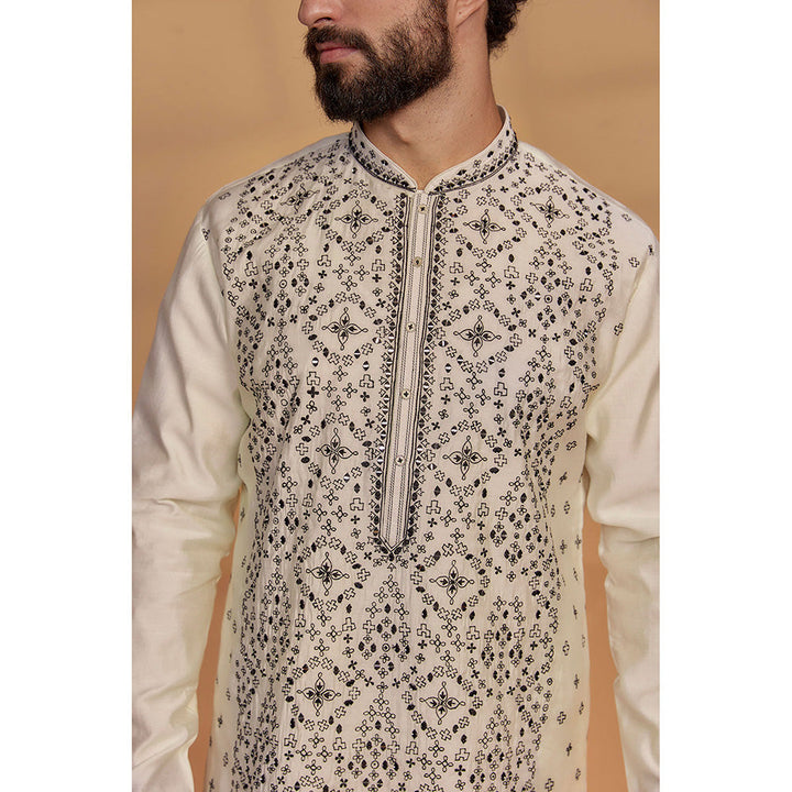 RIYAASAT Pearl Off White Silk Mirror Embroidered Kurta with Churidar (Set of 2)