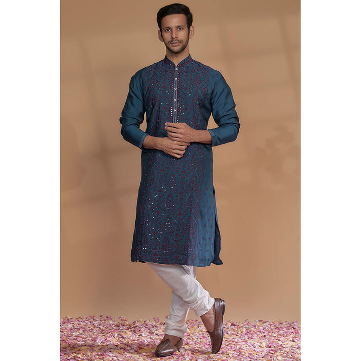 RIYAASAT Peacock Blue Silk Thread Embroidered Kurta with Churidar (Set of 2)