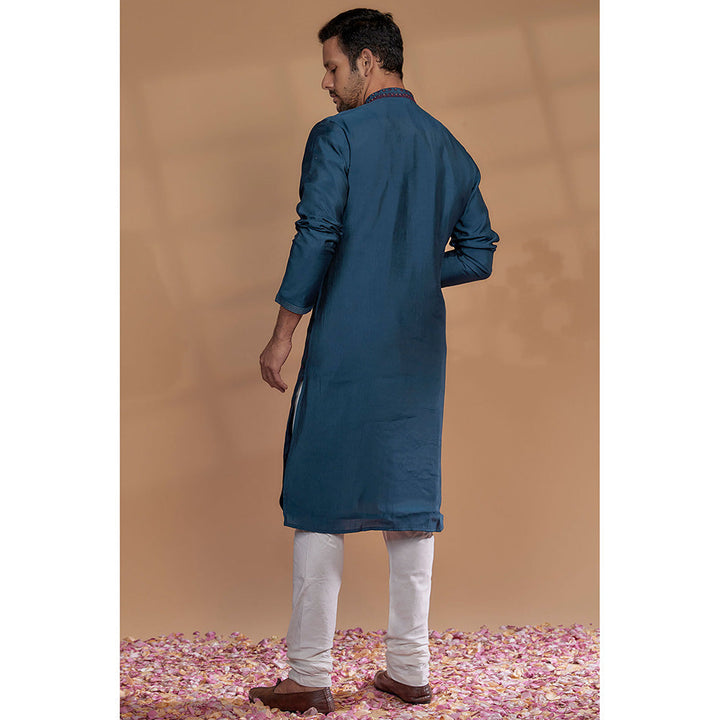 RIYAASAT Peacock Blue Silk Thread Embroidered Kurta with Churidar (Set of 2)