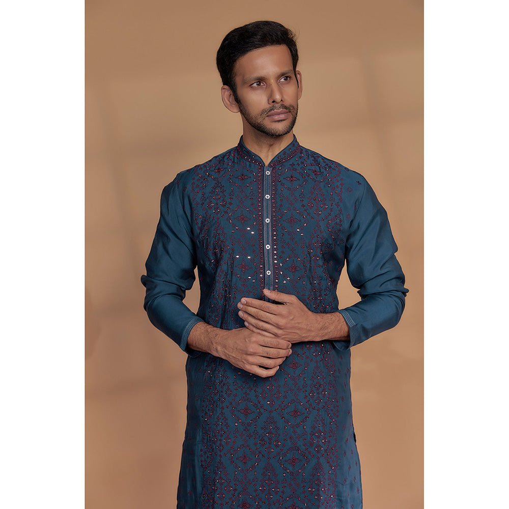 RIYAASAT Peacock Blue Silk Thread Embroidered Kurta with Churidar (Set of 2)