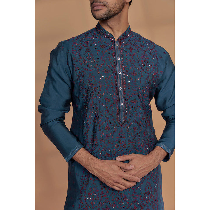 RIYAASAT Peacock Blue Silk Thread Embroidered Kurta with Churidar (Set of 2)