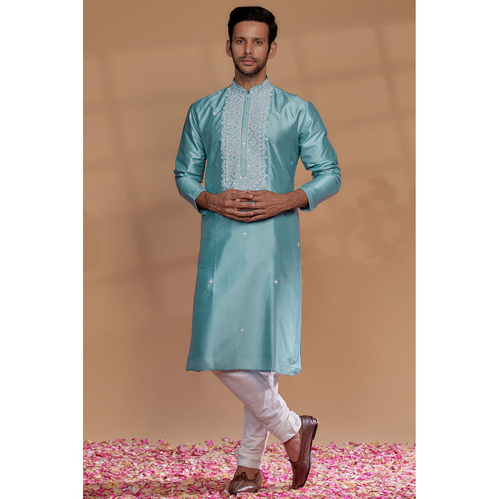 RIYAASAT Firozi Blue Banarasi Silk Thread Embroidered Kurta with Churidar (Set of 2)